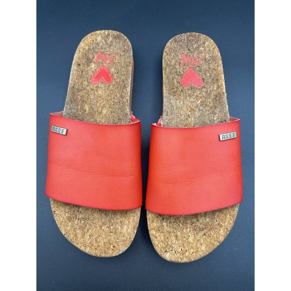 Reef Cushion Scout Slide Sandals Red Cork Footbed Womens Size 7